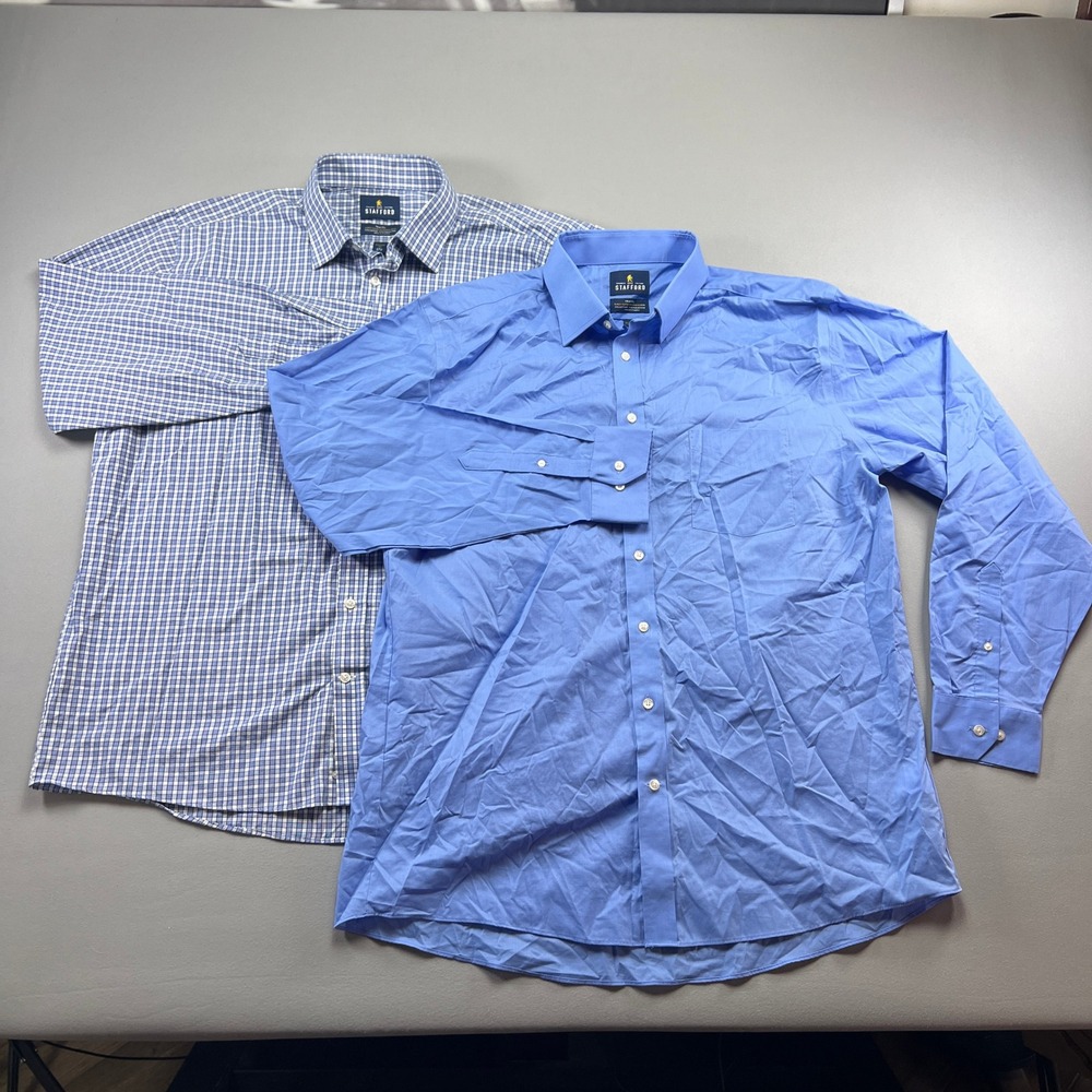 Stafford Travel Dress Shirt Mens 17.5 Multi Grid Check Pleated Business Lot Of 2